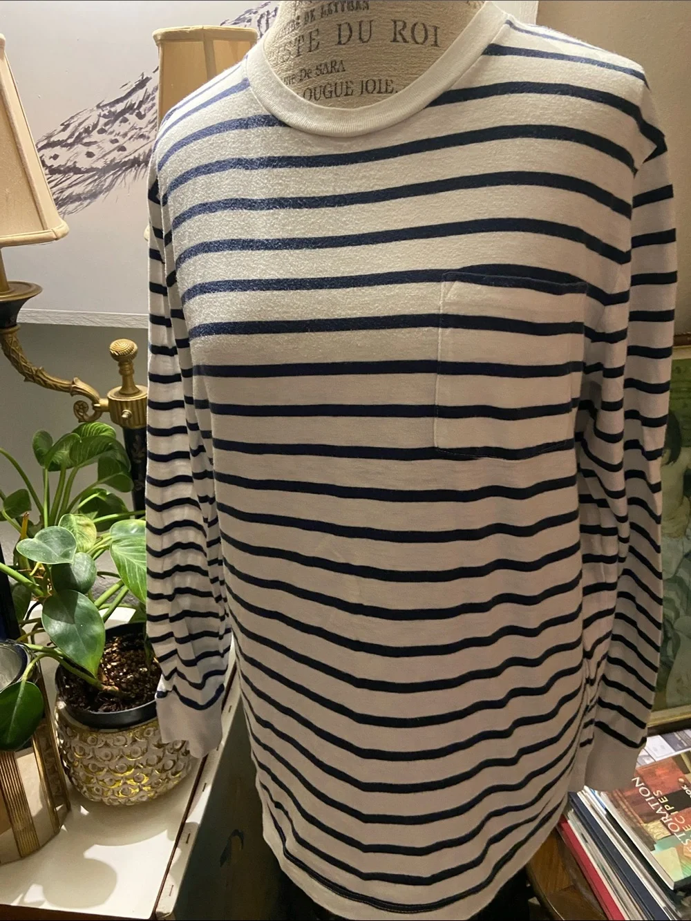 J Crew Medium Striped Long-Sleeve Pocket Tee - Navy & White